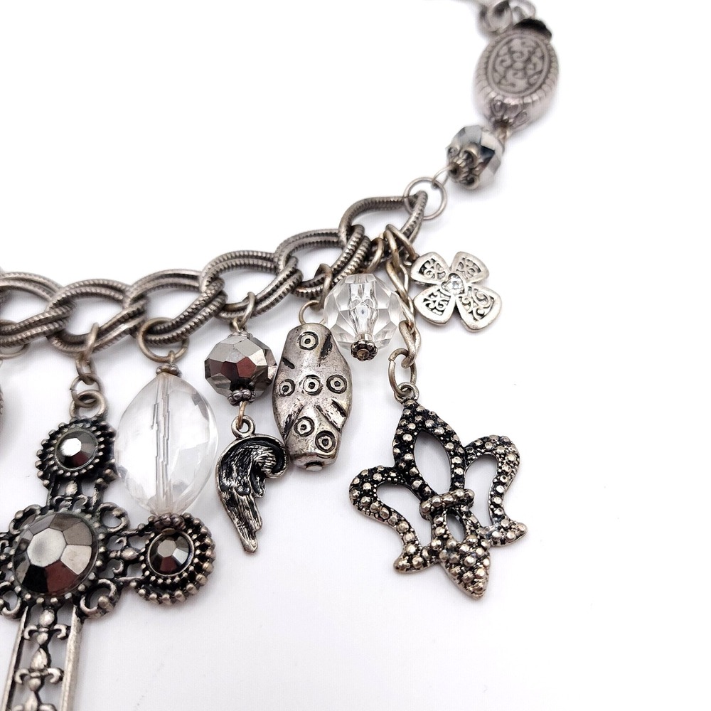 Silver Charm Necklace Cross Rhinestone Fleur De Lis Gothic - Picture 6 of 8